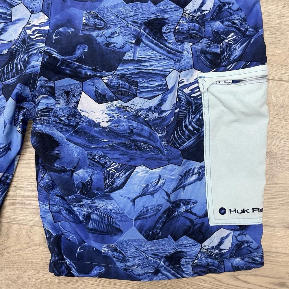 Huk Fishing Blue Board Short Swim Trunks Men's Sz 38 Sailfish Boat Ocean